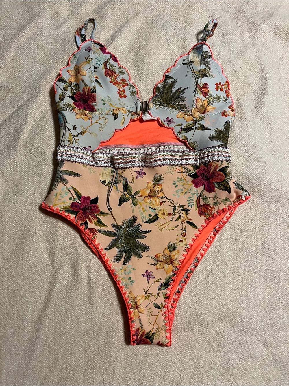 River Island Floral Scalloped One-Piece Swimsuit in Coral, Peach, Light Blue